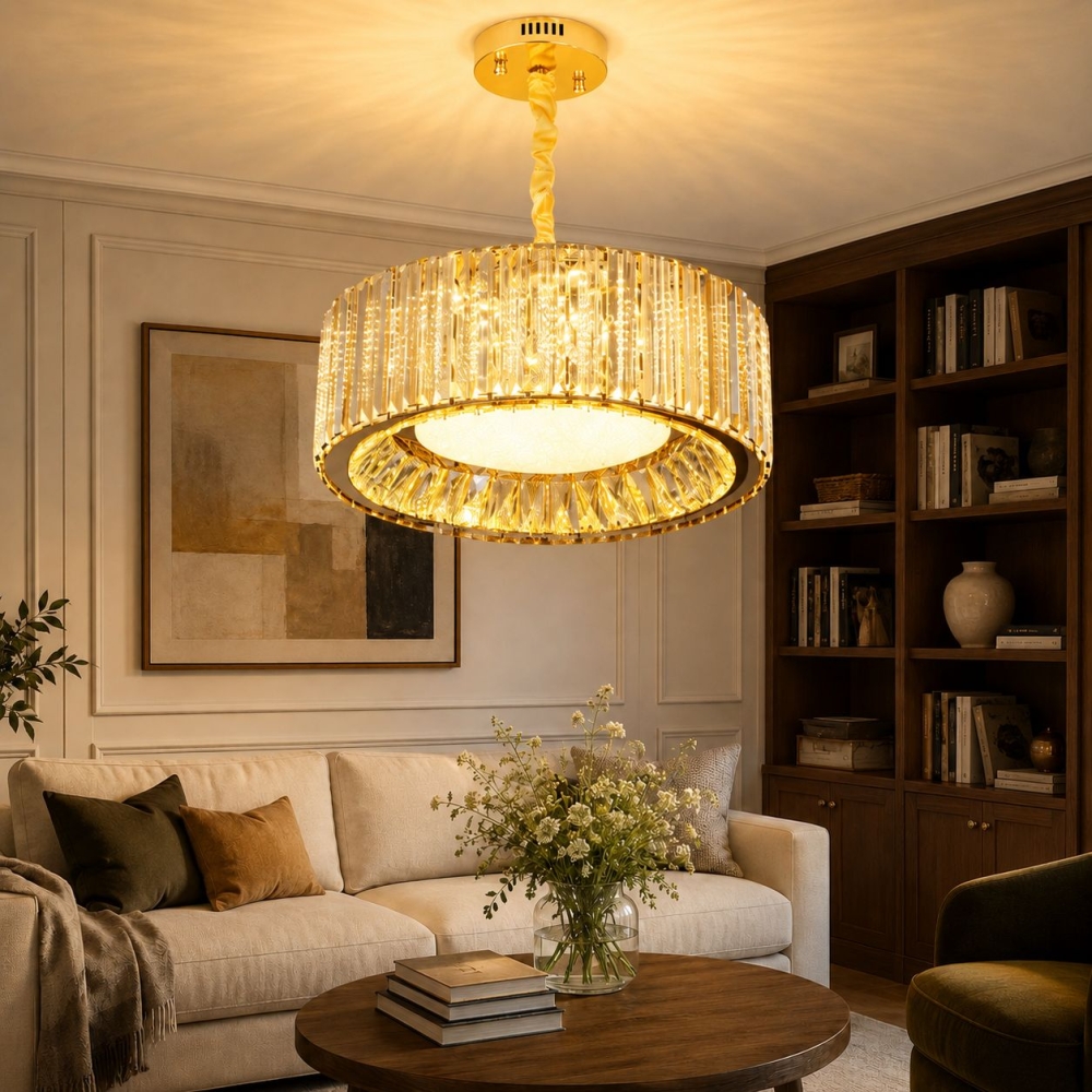 Candelabru LED cristal auriu 120W (60W+60W), telecomandă, rotund 500mm, Glimmer A6151