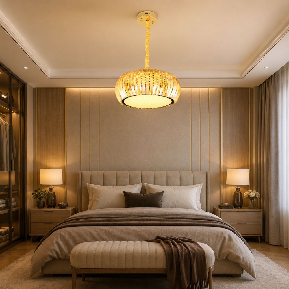 Candelabru LED cristal 80W (40W+40W), telecomandă, rotund 400x400, Lumiere A8057