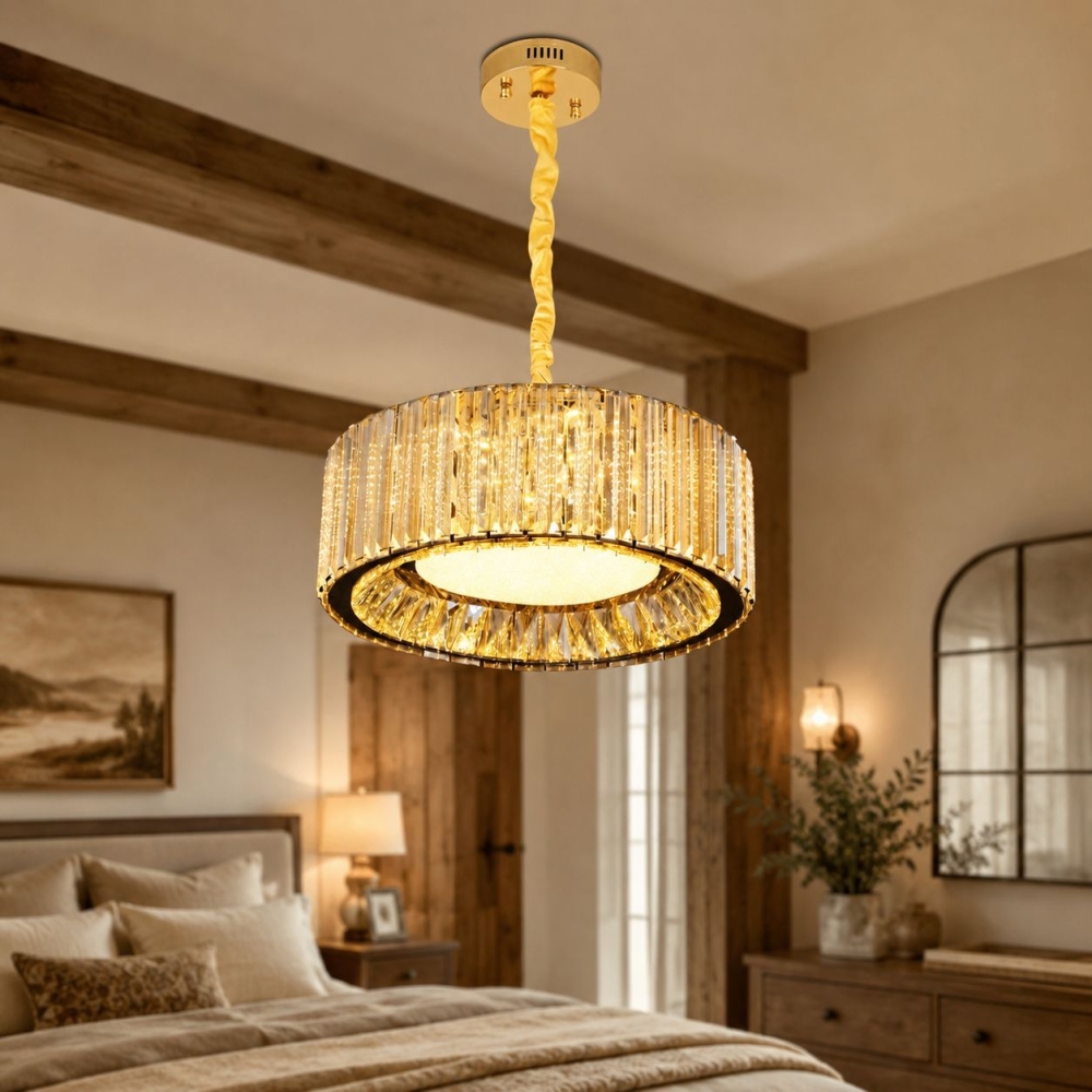 Candelabru LED cristal auriu 100W (50W+50W), telecomandă, rotund 400mm, Glimmer A6151