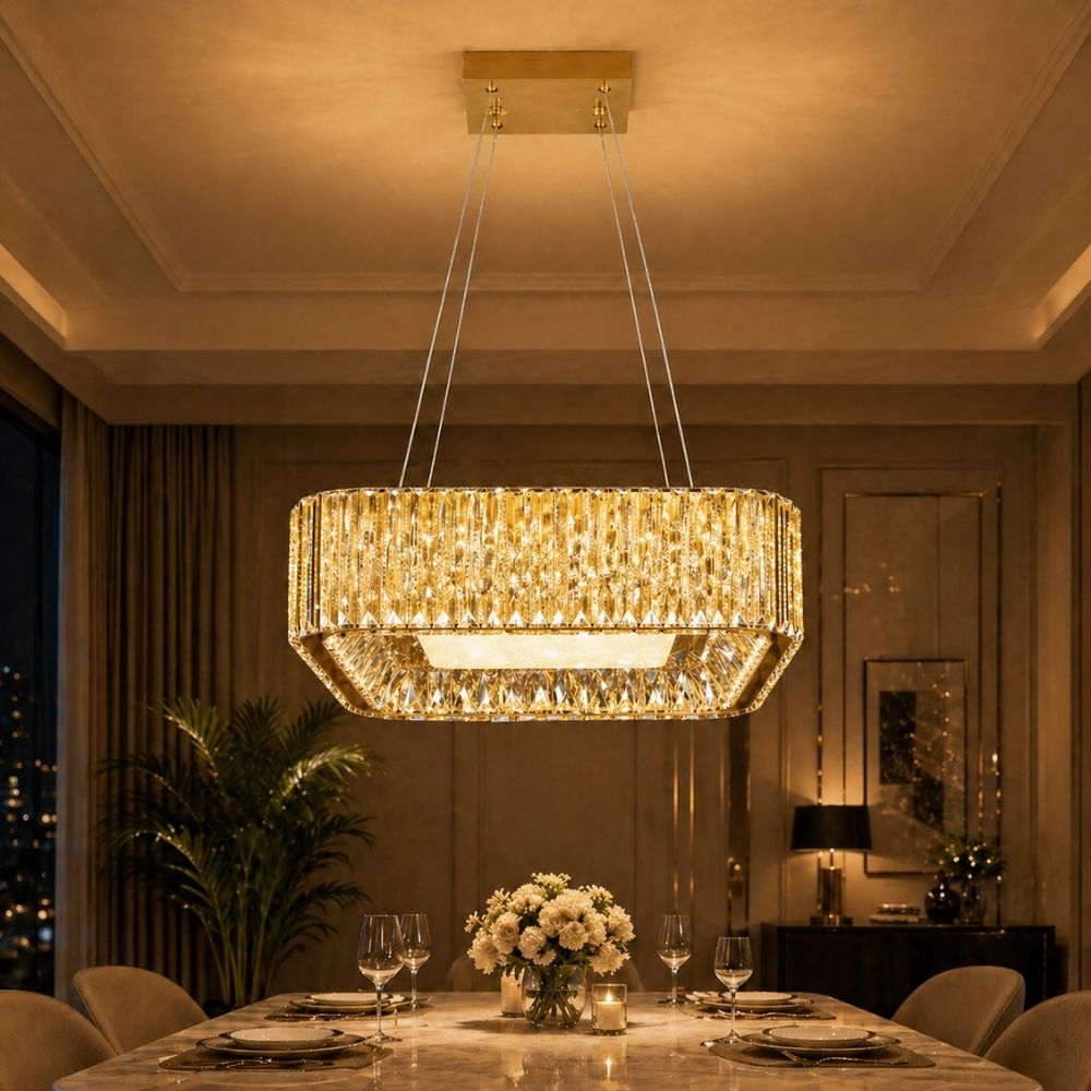 Candelabru LED cristal auriu 128W (64W+64W), telecomandă, pătrat 500x500, Glimmer A6151