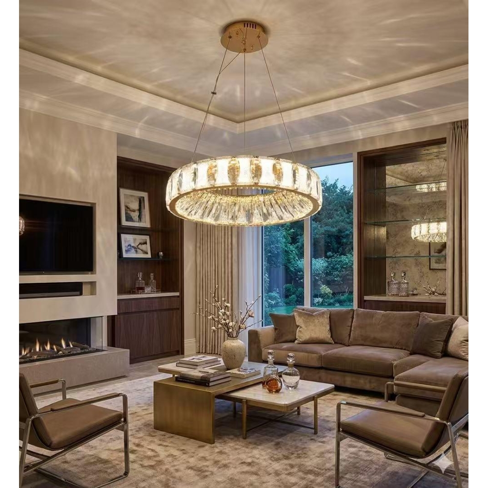 Candelabru LED L72001/500 cu Telecomandă, 98W, Auriu, Cristal, Dimabil, &Icirc;nălțime Reglabilă