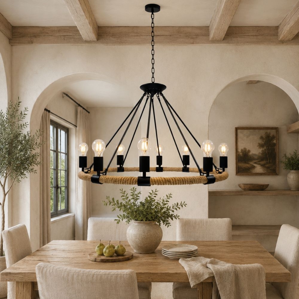 Candelabru rustic 8xE27, înălțime reglabilă, metal și sfoară, RF-8456-8P