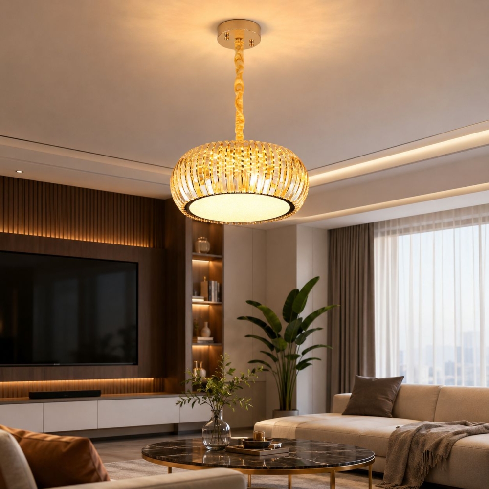 Candelabru LED cristal 112W (56W+56W), telecomandă, rotund 500x500, Lumiere A8057