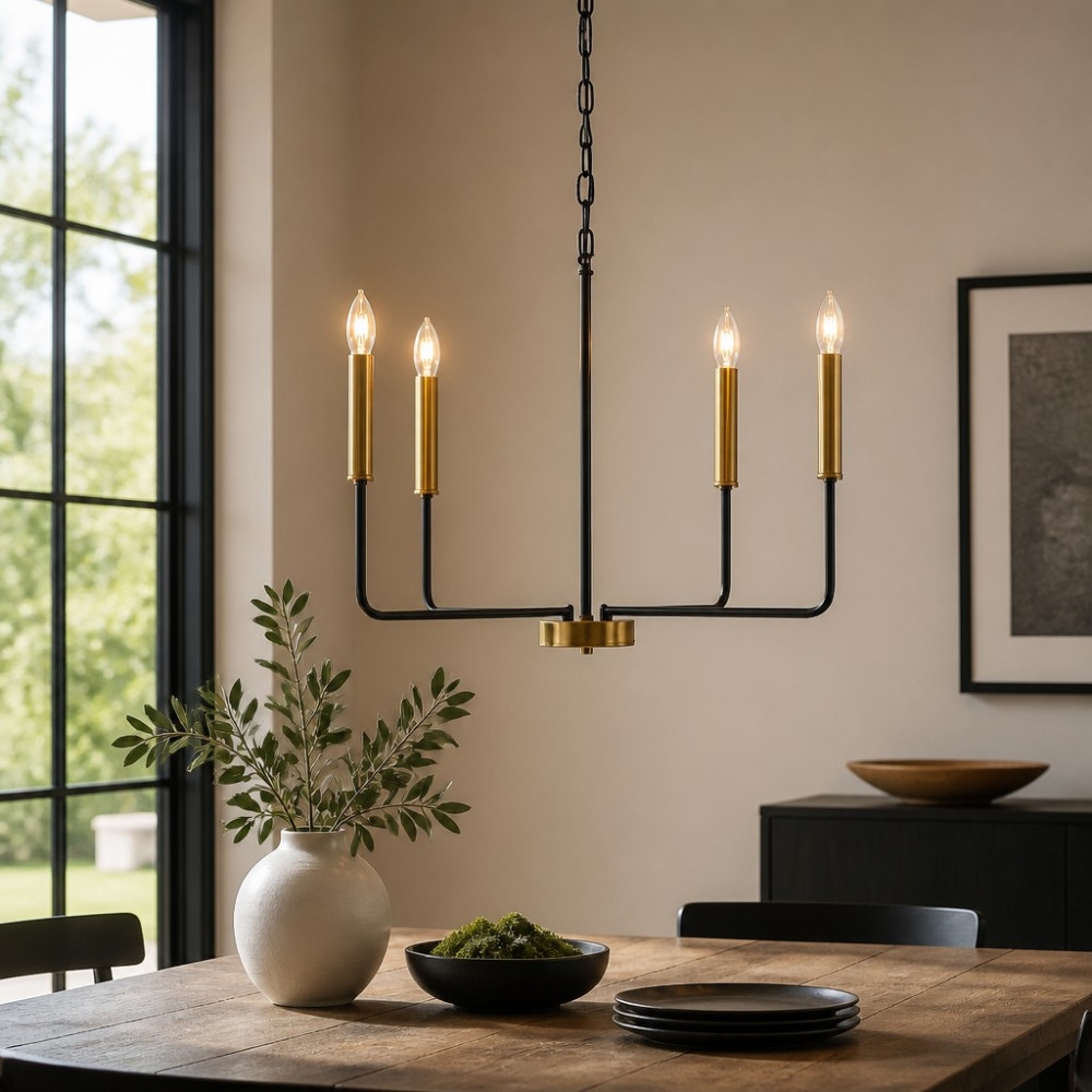 Candelabru Suspendat Odin cu 4 Brațe, 4xE14, Diametru 70 cm, &Icirc;nălțime 160 cm, Negru + Auriu, Cod DL75D136