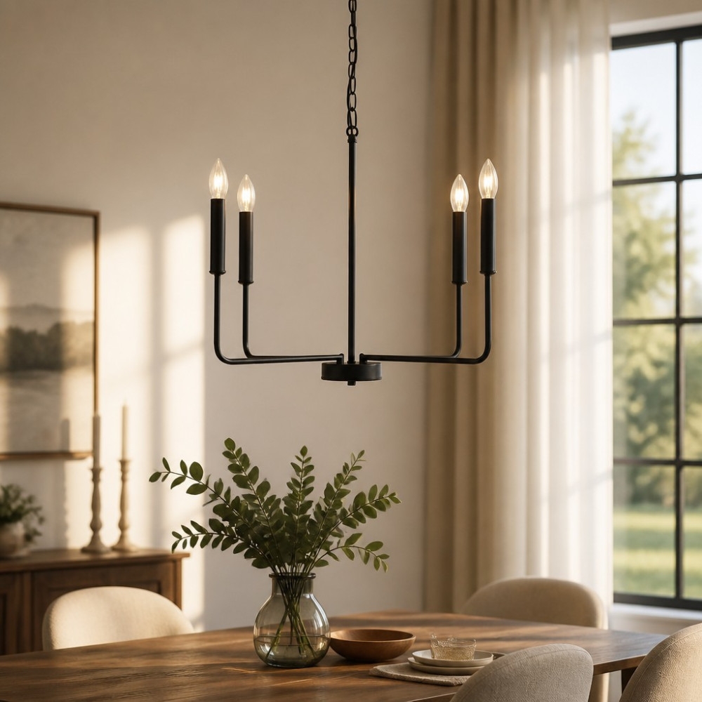 Candelabru Suspendat Zeus cu 4 Brațe, 4xE14, Diametru 70 cm, &Icirc;nălțime 150 cm, Negru, Cod DL75D133