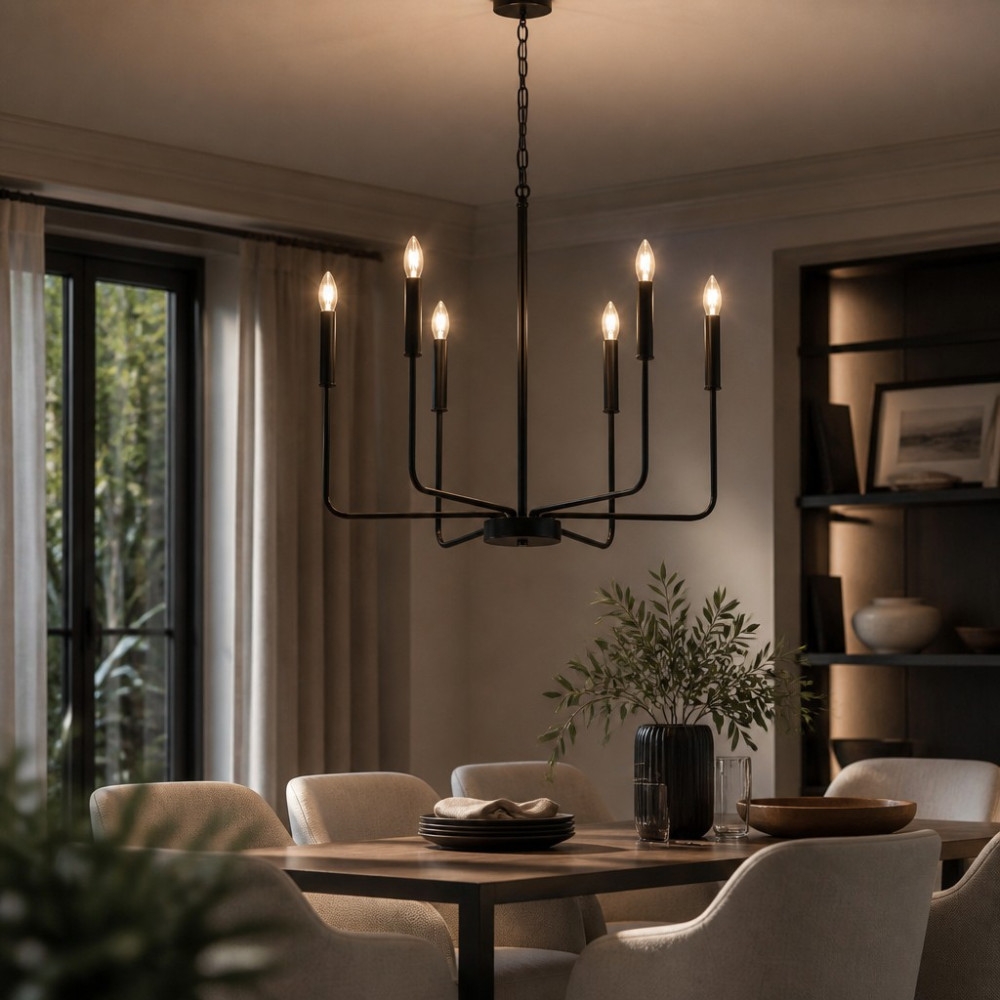 Candelabru Suspendat Zeus cu 6 Brațe, 6xE14, Diametru 70 cm, &Icirc;nălțime 150 cm, Negru, Cod DL75D132
