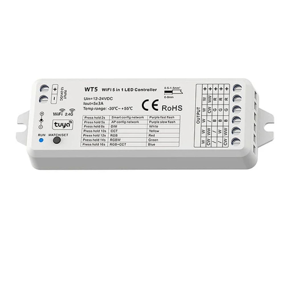 Controler LED 5in1 WiFi ARL-WT5, Mono CCT RGB RGB+W RGB+CCT, 12–24V, Alexa Tuya