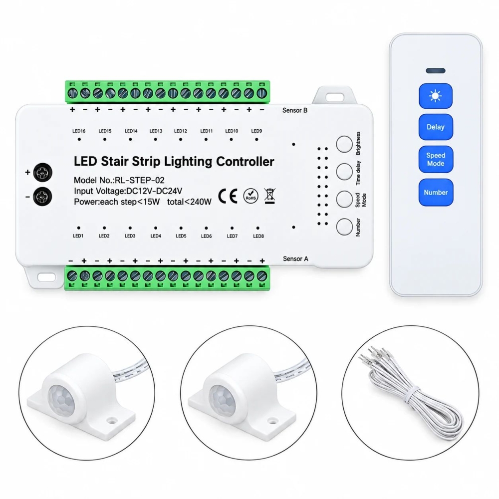 Controler LED scari 16 trepte, 12-24V, 240W, 2 senzori PIR si telecomanda, SPN-DL66520W16