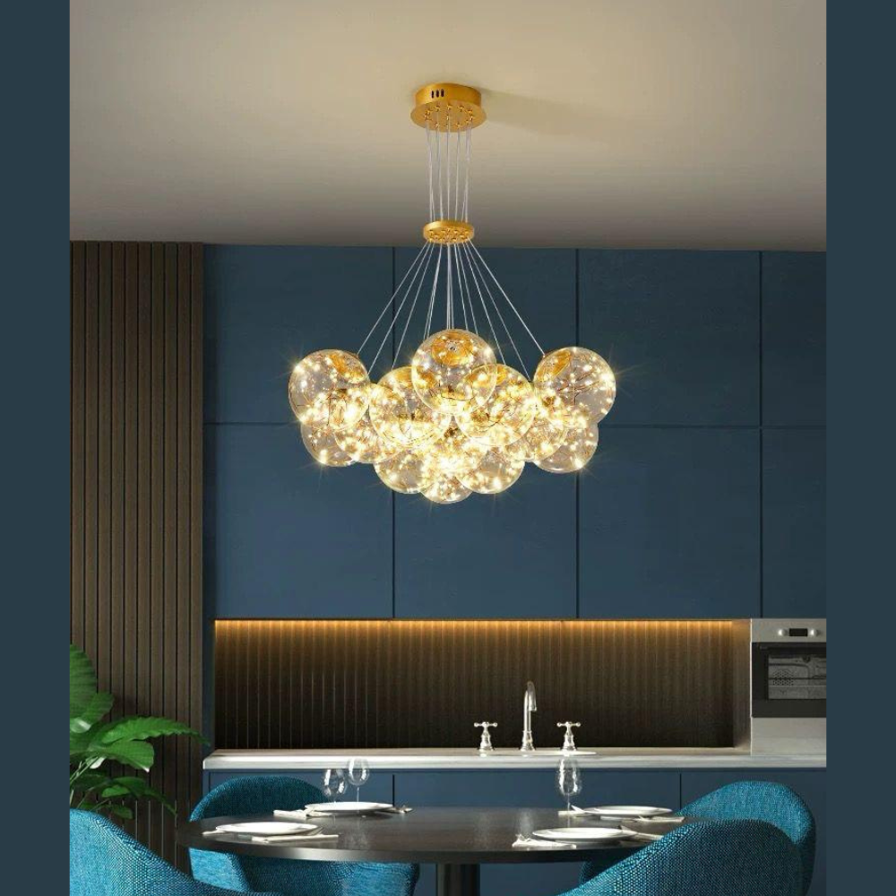 Lustra LED Starry Elegance, suspendata, cu 13 globuri, 78W, stil minimalist, auriu