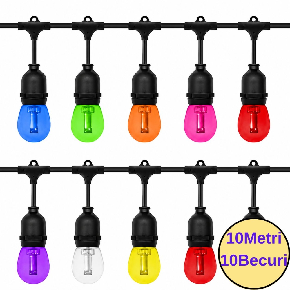 Ghirlandă Luminoasă FIESTA 10m, 10 Becuri LED Color FANTASY 2W E27, IP65