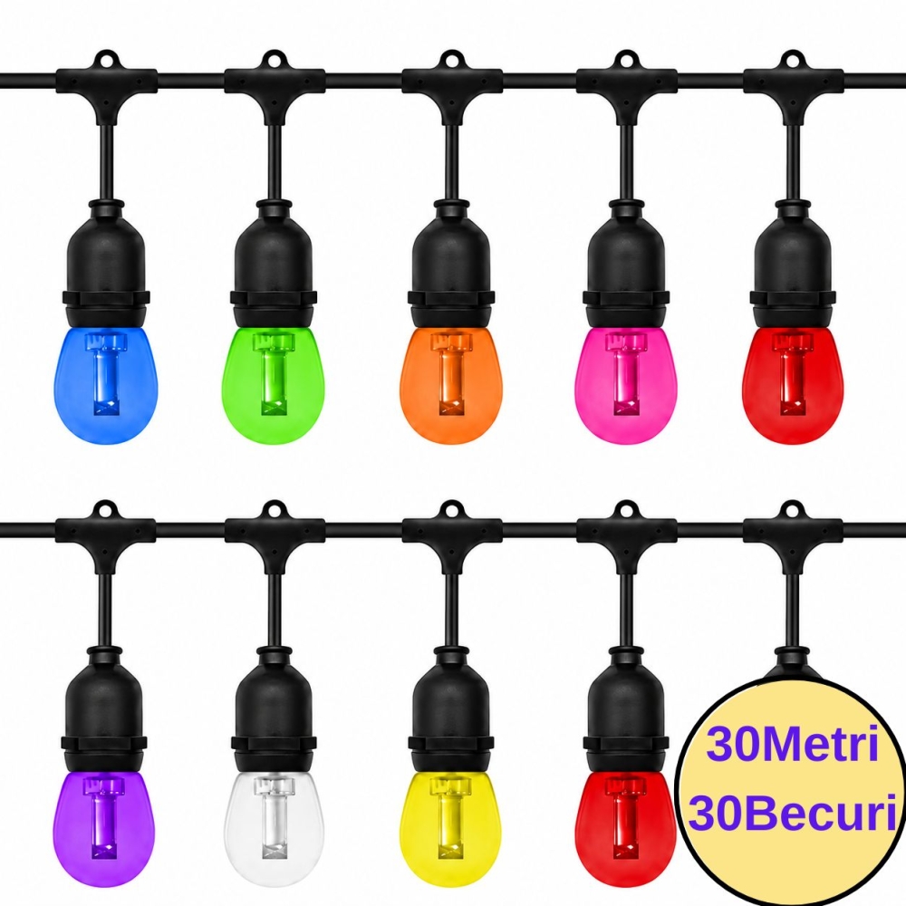 Ghirlandă Luminoasă FIESTA 30m, 30 Becuri LED Color FANTASY 2W E27, IP65