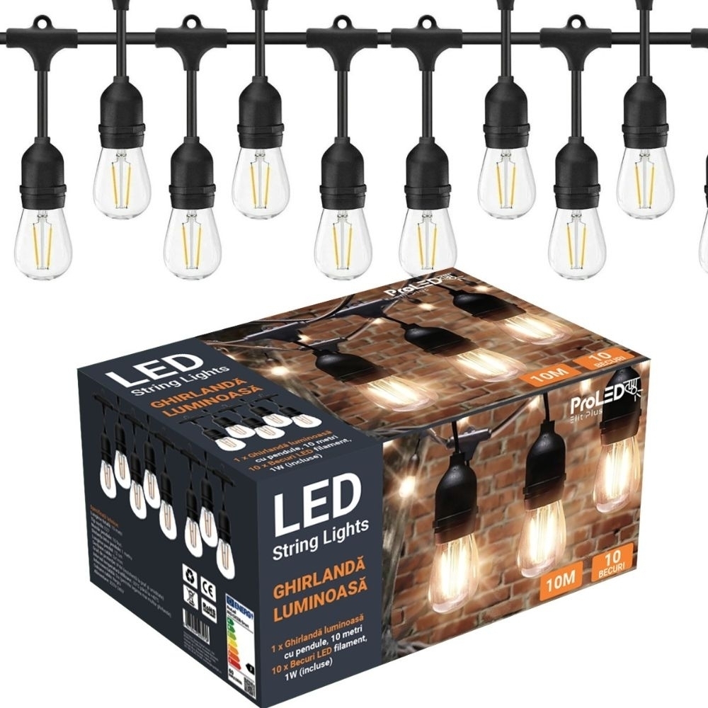 Ghirlanda luminoasa 10m, 10 becuri LED filament E27 1W, IP44 Fiesta Plus