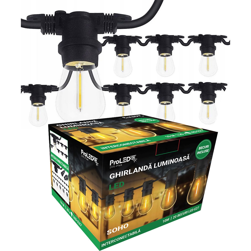 Ghirlanda luminoasa 10m cu 20 becuri LED filament E27 1W incluse IP44 SOHO