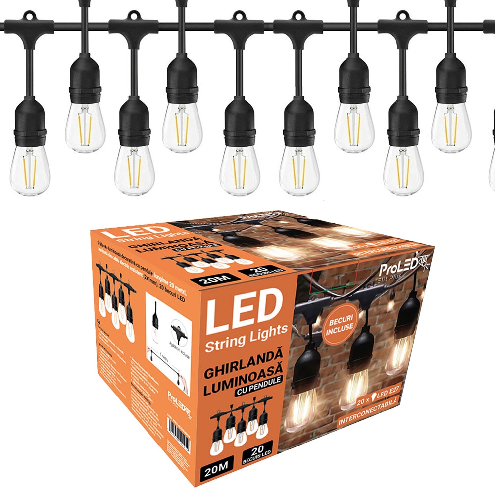 Ghirlanda luminoasa 20m cu 20 becuri LED filament E27 1W incluse IP44 Fiesta Plus