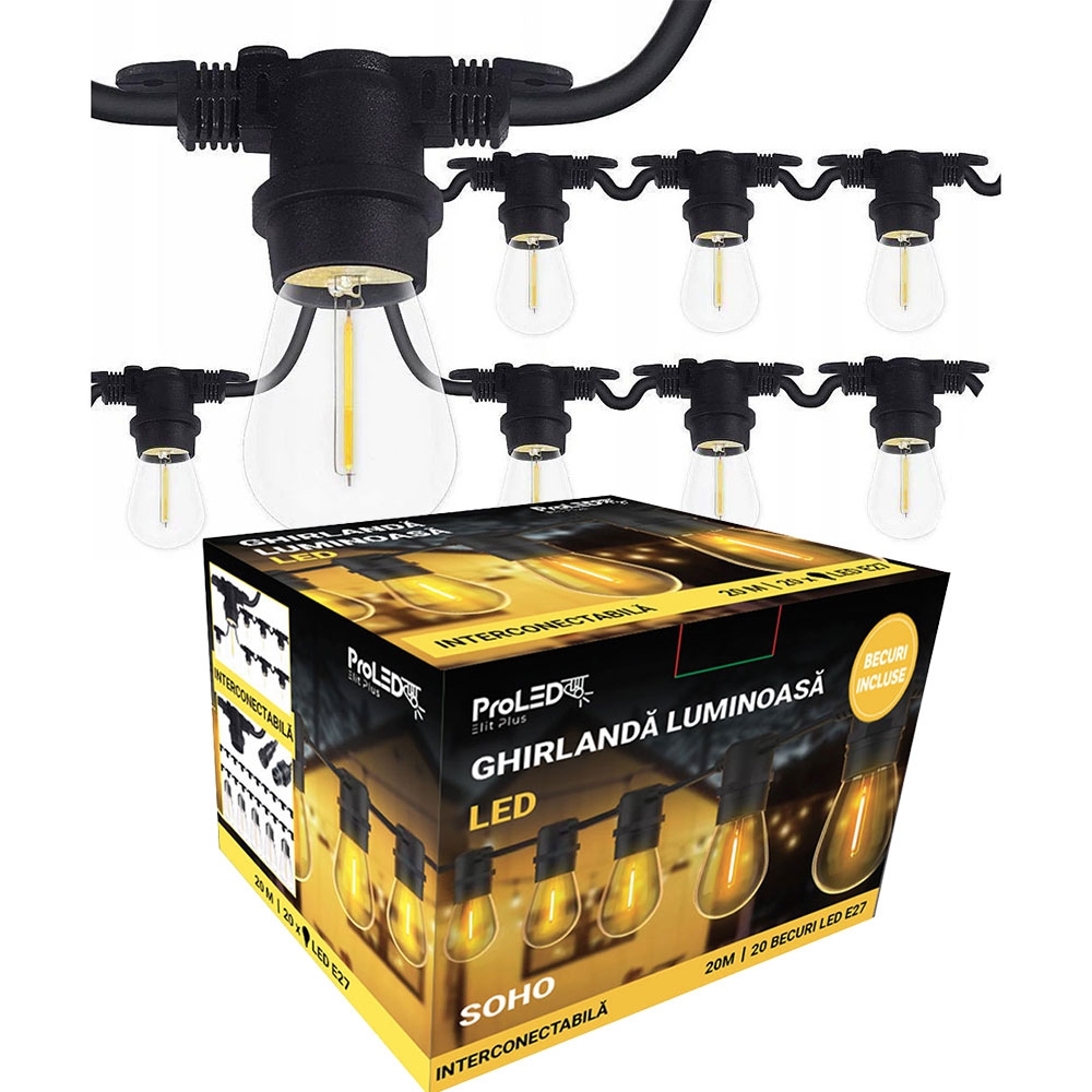 Ghirlanda luminoasa 20m cu 20 becuri LED filament E27 1W incluse IP44 SOHO