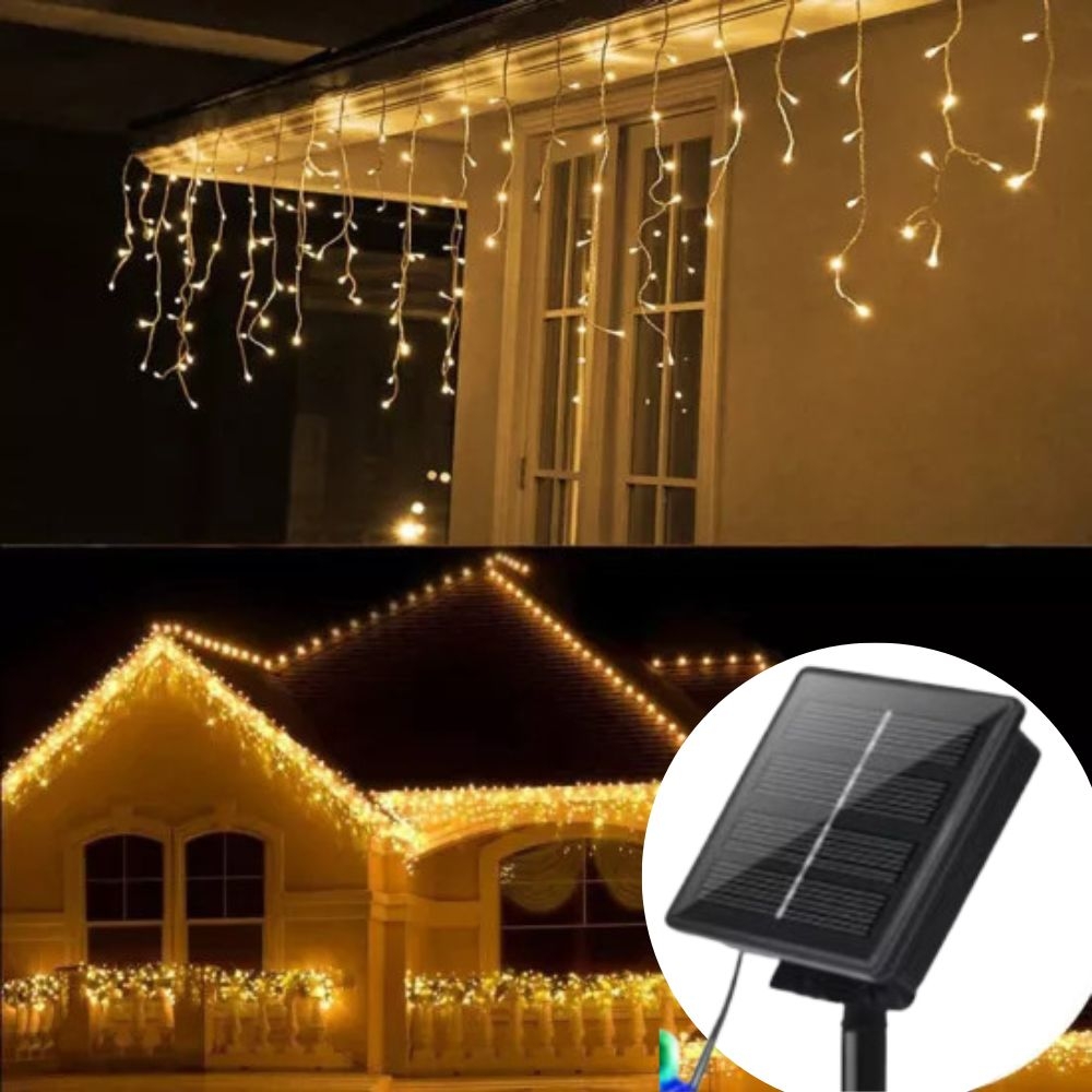 Instalatii craciun exterior alb cald 12m, 300 LED franjuri inegali, solara cu telecomanda