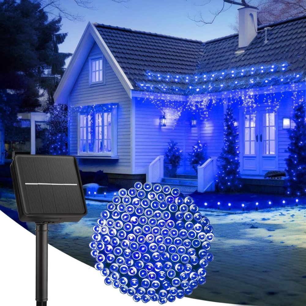 Instalatii craciun exterior albastru 22m, 200 LED, incarcare solara cu telecomanda