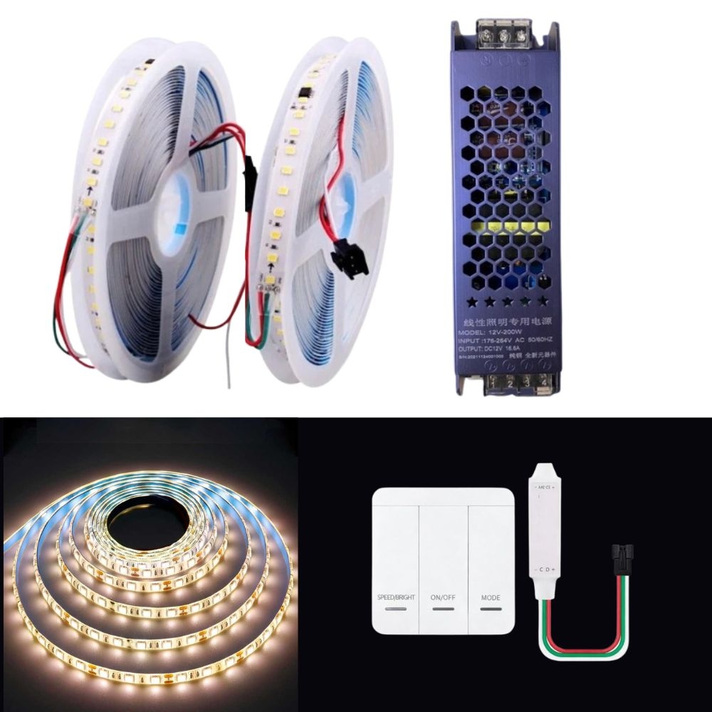 Kit banda LED digitala Waterfall PRO-KIT20M-BD24V-3000K, 24V, 120 LED/m, 20m, controller, alimentator 300W