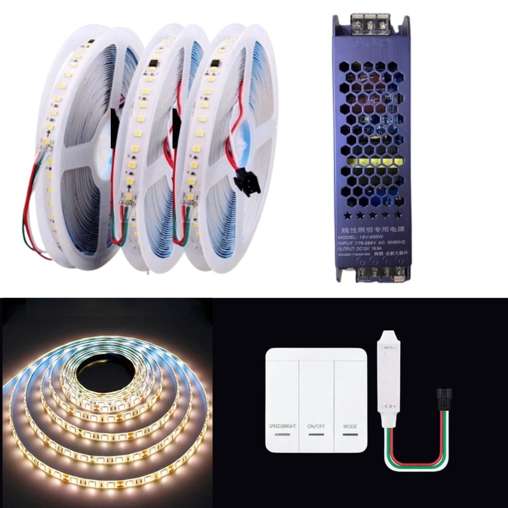 Kit banda LED digitala Waterfall PRO-KIT30M-BD24V-3000K, 24V, 120 LED/m, 30m, controller, alimentator 400W