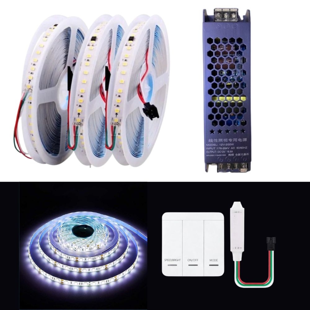 Kit banda LED digitala Waterfall PRO-KIT30M-BD24V-6400K, 24V, 120 LED/m, 30m, controller, alimentator 400W