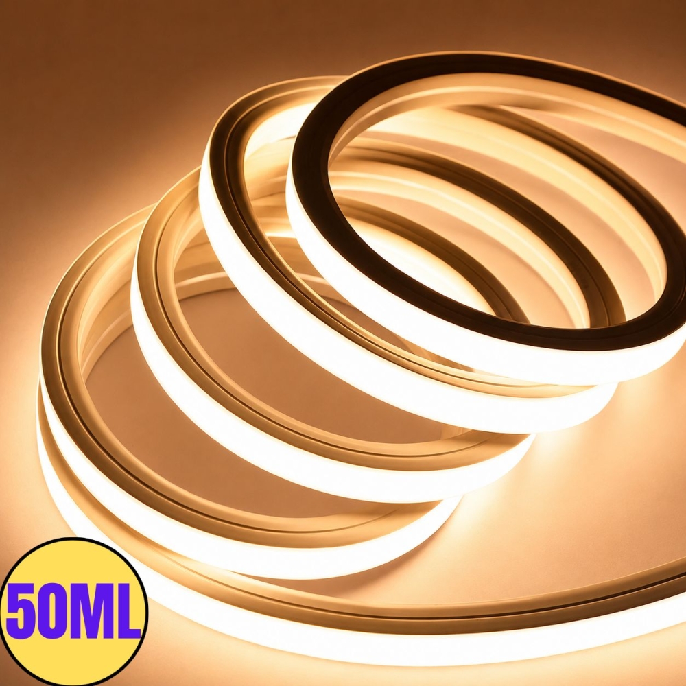Kit Banda Neon Flex LED 50M, 12x12mm, 220V, 3000K Alb Cald, IP65