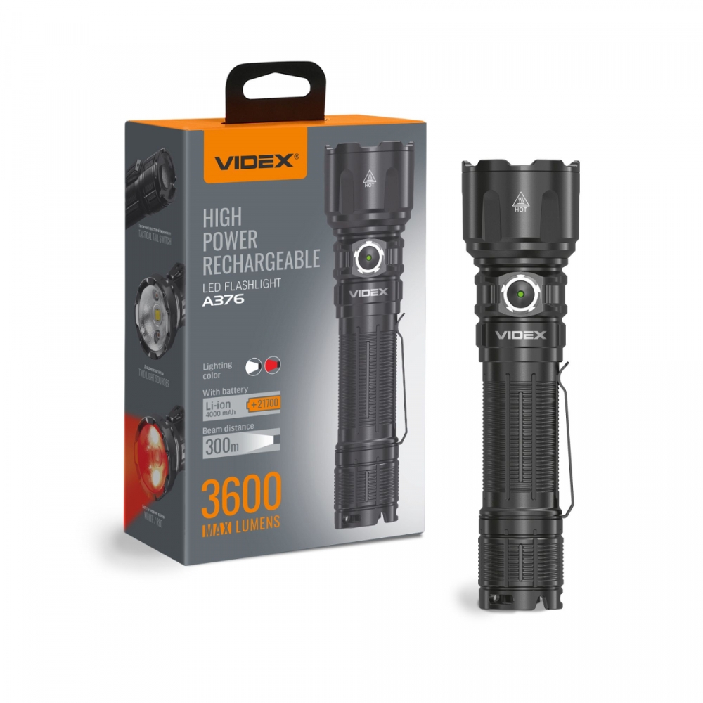 Lanterna LED portabila reincarcabila VIDEX, 3600 lm, 20W, 300 m, IP68, lumina alba si rosie, VLF-A376