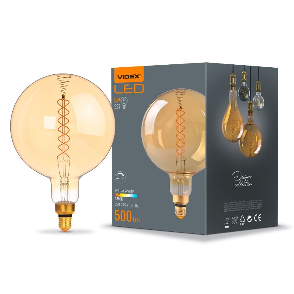 Bec LED filament decorativ VIDEX-E27-G200-8W-FIL-DIM-SPIRAL-AMBER-WW1
