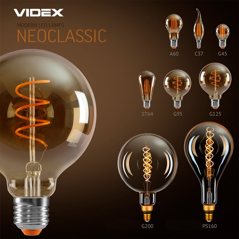 Bec LED filament decorativ VIDEX-E27-G200-8W-FIL-DIM-SPIRAL-AMBER-WW1