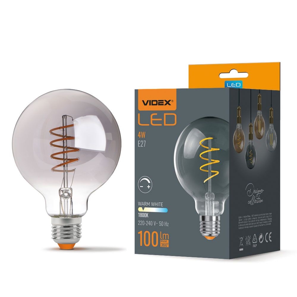 Bec LED filament decorativ VIDEX-E27-G95-4W-FIL-DIM-SPIRAL-GRAFIT-WW