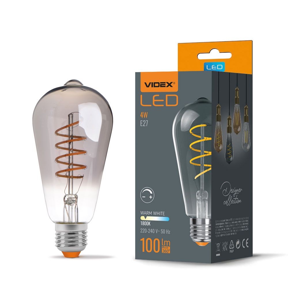 Bec LED filemant decorativ dimabil VIDEX-E27-ST64-4W-FIL-DIM-SPIRAL-GRAFIT-WW