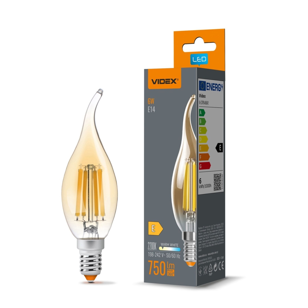 Bec LED Filament C37FtA, 6W, E14, 750lm, 2200K, sticla bronze, lumina extra calda, VIDEX, VL-C37FtA-06142
