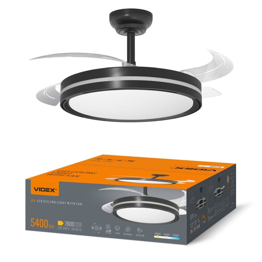 Ventilator tavan cu lustra LED VIDEX CLF06, 60W, 5.400 lm, CCT, negru, telecomanda