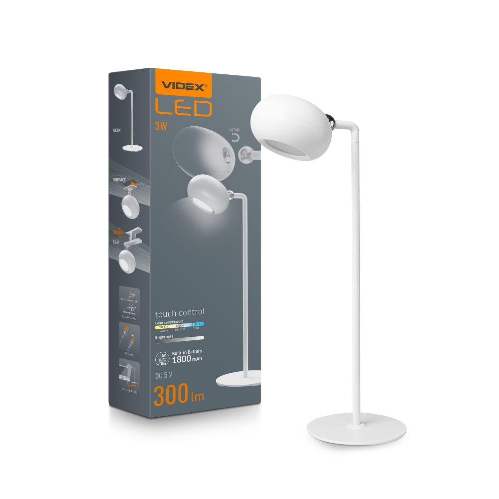 Lampa de birou reincarcabila cu LED VIDEX VLE-TF18W Alba