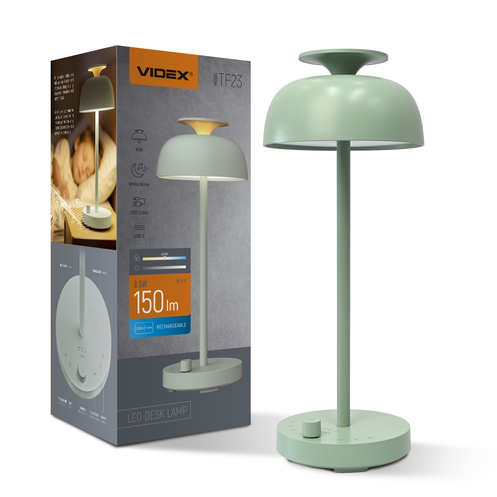 Veioza LED birou reincarcabila VIDEX, lampa de birou 8.5W, 4000K + RGB, white noise, USB-C, verde