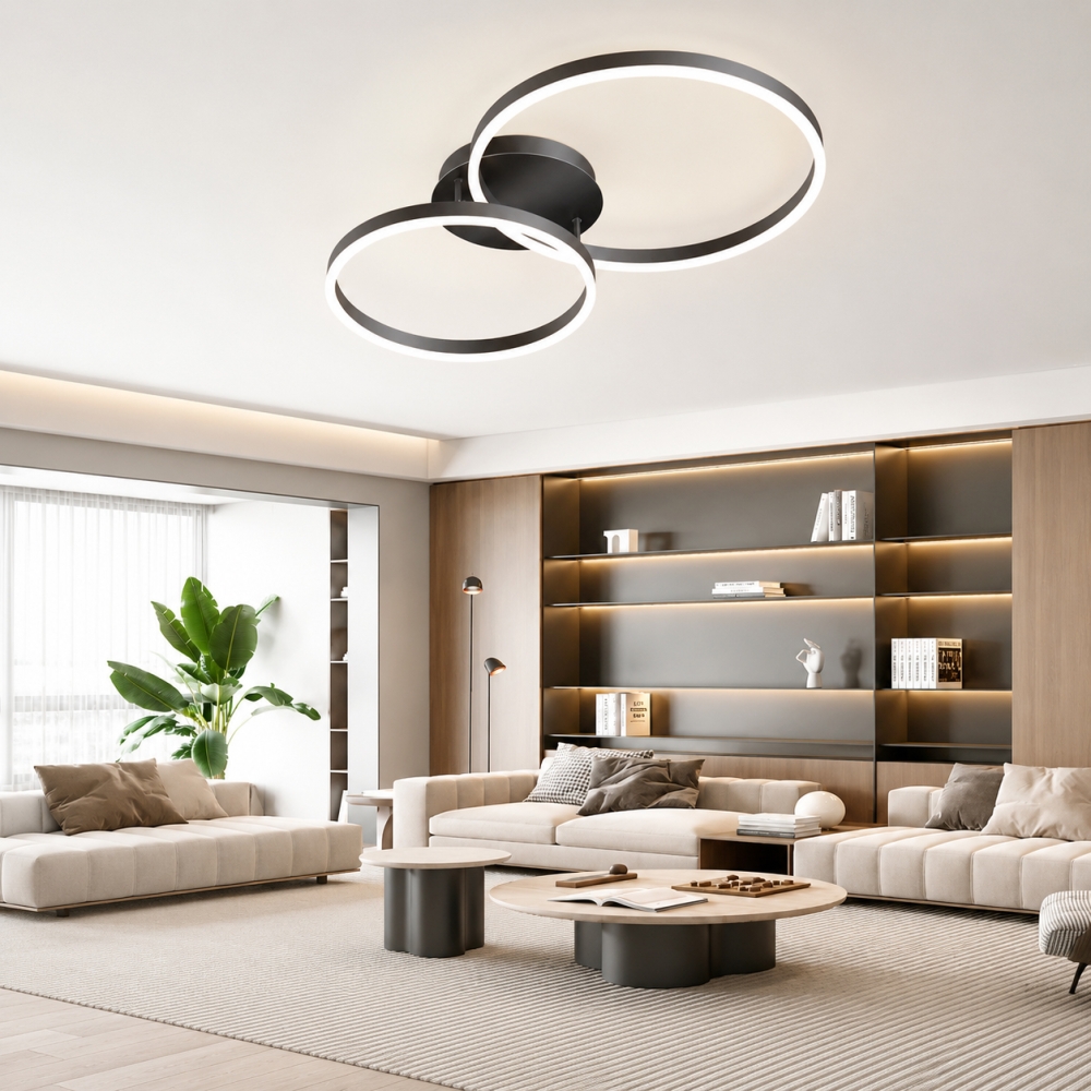 Lustră LED Circle R9091/2 cu Telecomandă, 40W, Negru, Dimabilă, 3 Funcții de Lumină
