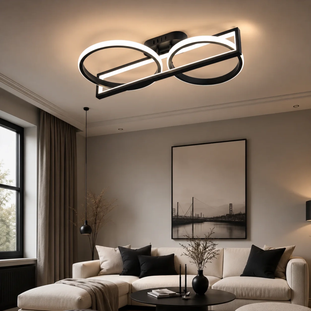 Lustră LED Circle R9167/1+2 cu Telecomandă, 106W, Negru, Dimabilă, 3 Funcții de Lumină