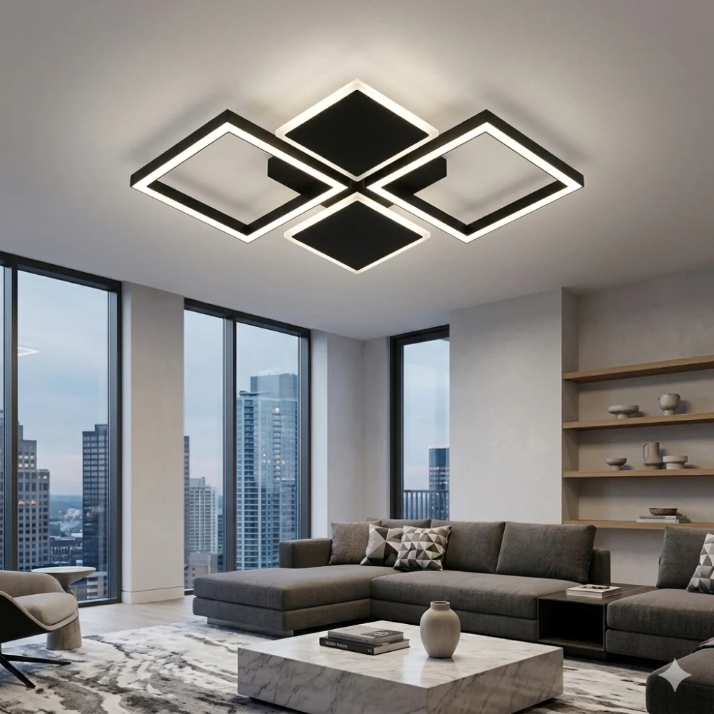 Lustră LED Diamond FX60455/2+2 cu Telecomandă, 56W, Negru, Dimabilă, 3 Funcții de Lumină