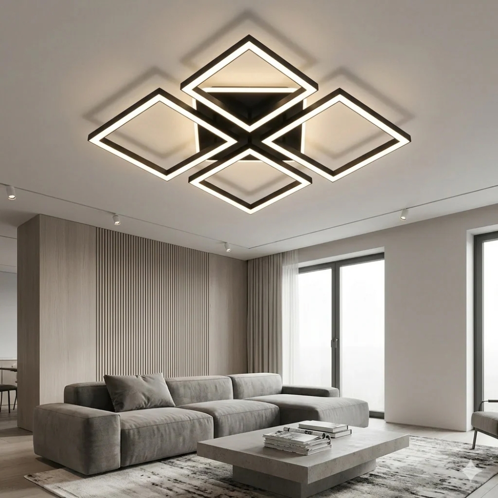 Lustră LED Diamond FX60455/4+1 cu Telecomandă, 91W, Negru, Dimabilă, 3 Funcții de Lumină