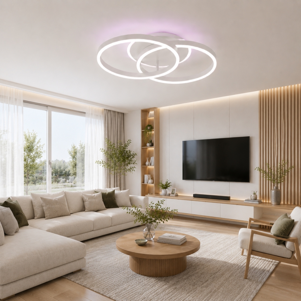 Lustră LED Duo cu Telecomandă, 120W, 2 Cercuri, 3000K/4000K/6500K, RGB, Alb, Diametru 60 cm