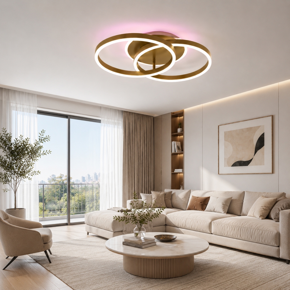 Lustră LED Duo cu Telecomandă, 120W, 2 Cercuri, 3000K/4000K/6500K, RGB, Auriu, Diametru 60 cm