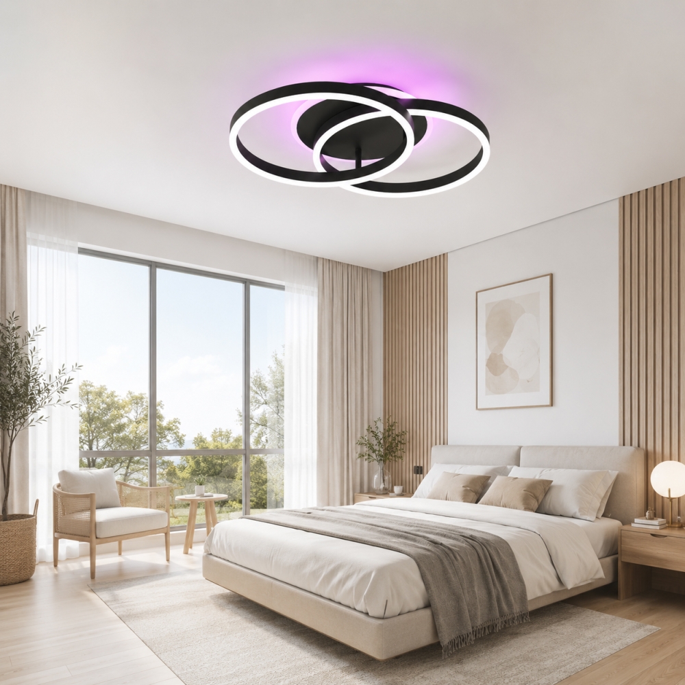 Lustră LED Duo cu Telecomandă, 120W, 2 Cercuri, 3000K/4000K/6500K, RGB, Negru, Diametru 60 cm
