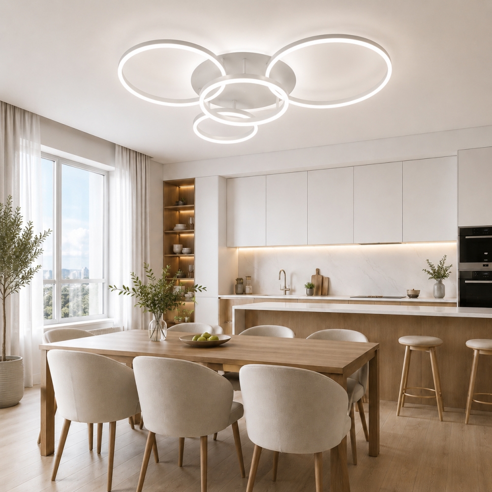 Lustră LED Kora cu Telecomandă, 200W, 3000K/4000K/6500K, Alb, Diametru 100 cm, Cod LT21-2-3-4-5WH