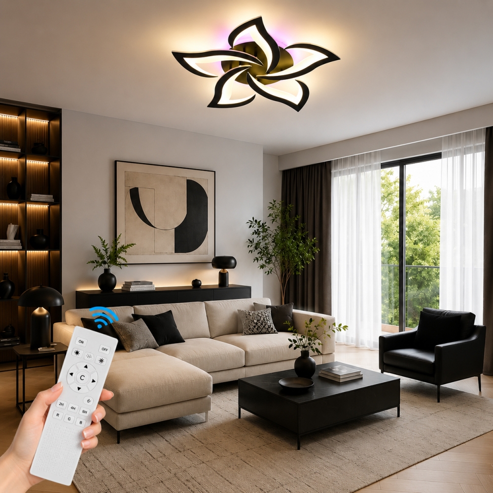 Lustră LED Lotus 5 cu Telecomandă și RGB, 120W, &Oslash;50 cm, Negru, Dimabilă