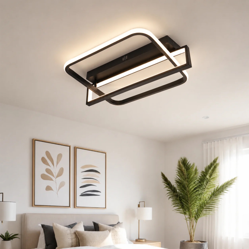 Lustră LED R9193/1+1 cu Telecomandă, 88W, Negru, Dimabilă, 3 Funcții de Lumină