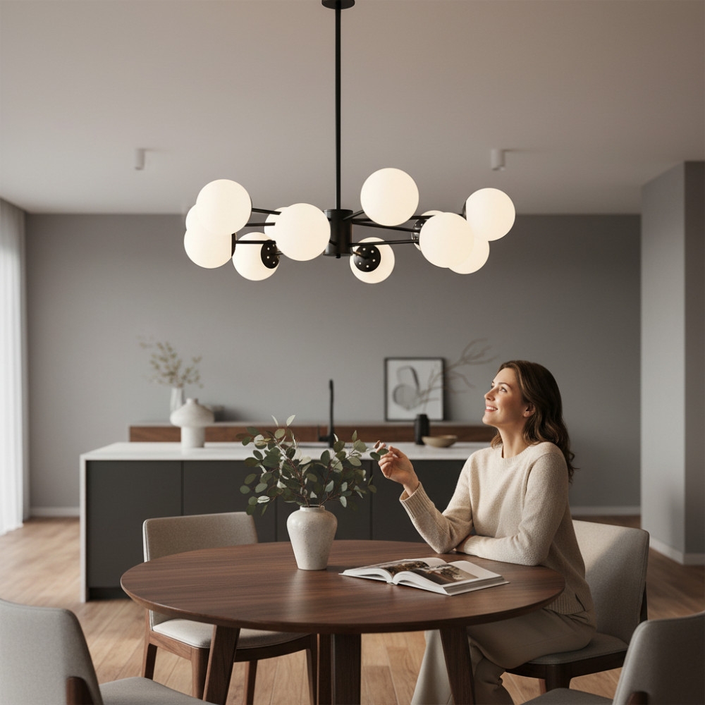 Lustră modernă COSMO negru 12xE27 metal + globuri, 900x600 mm