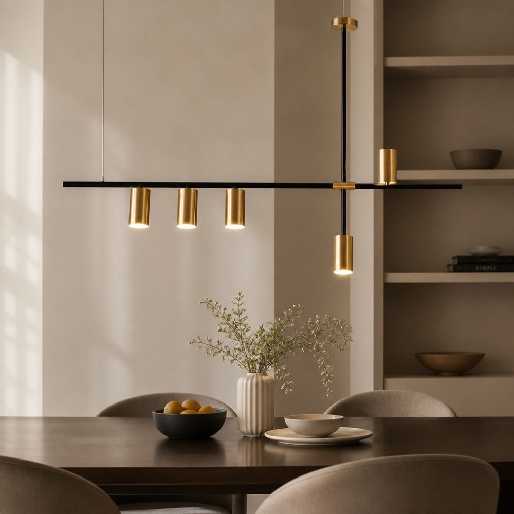 Lustră Modernă cu LED și Spoturi Elysia, LED 10W + 5xE27, 3000K/4000K/6000K, 385 lm, 115 x 83 cm, Negru + Auriu, Cod DL75D143