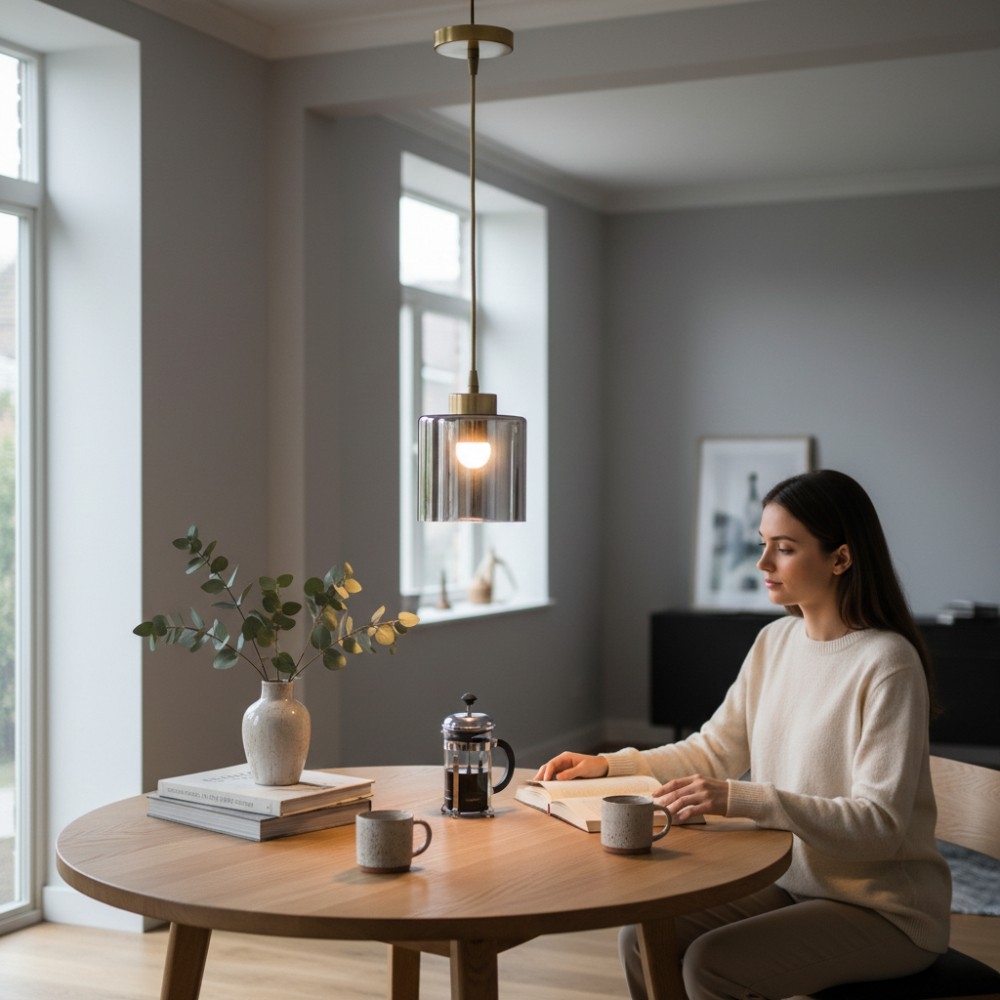 Lustră pendul aurie cu abajur sticlă fumurie E27, model DL75D021