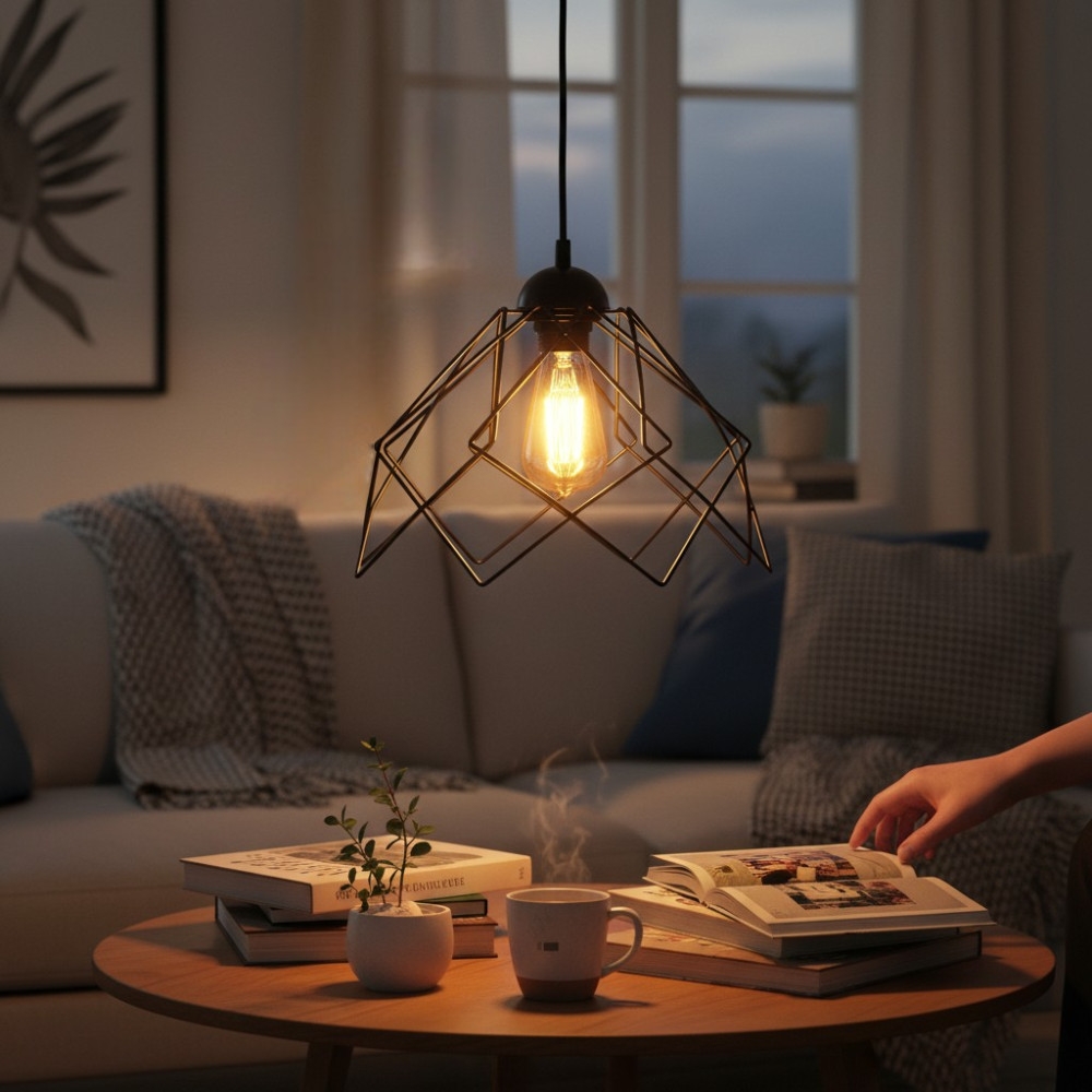 Lustră pendul industrială negru model geometric wireframe E27, DL75D046