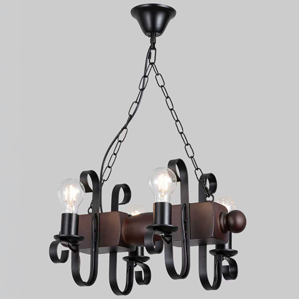 Lustră rustică din lemn și metal, 4 dulii E27, 48x65 cm, model 8008-4
