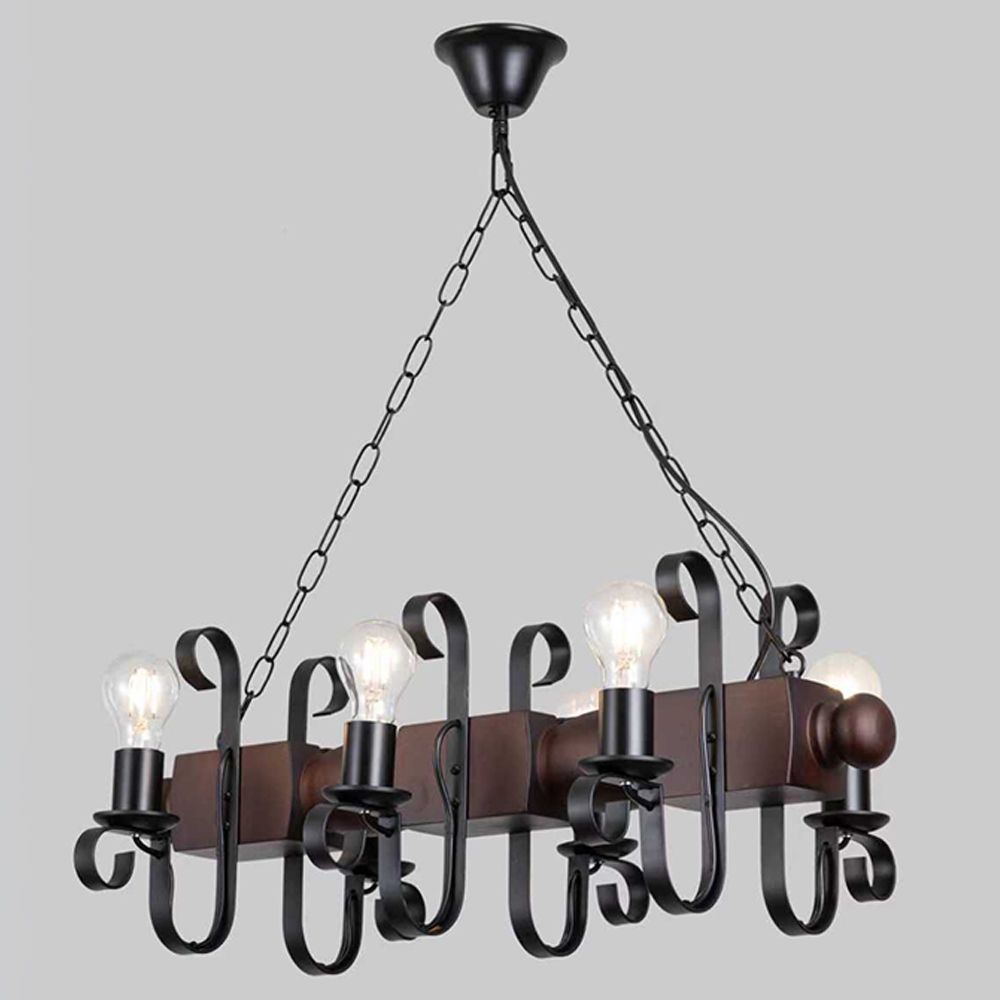 Lustră rustică din lemn și metal, 6 dulii E27, 70x71 cm, model 8008-6